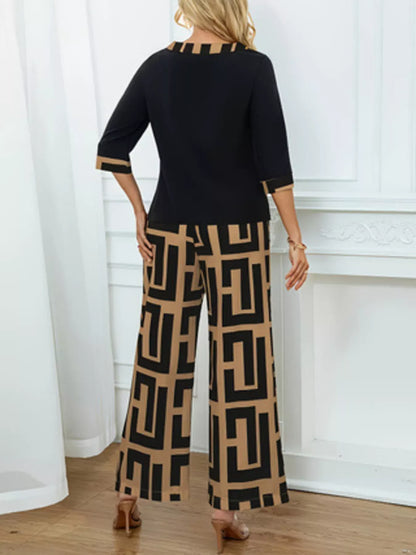 Geometric Print Round Neck Top and Pants Two-Piece Set Women's Sets The Nichole Collection