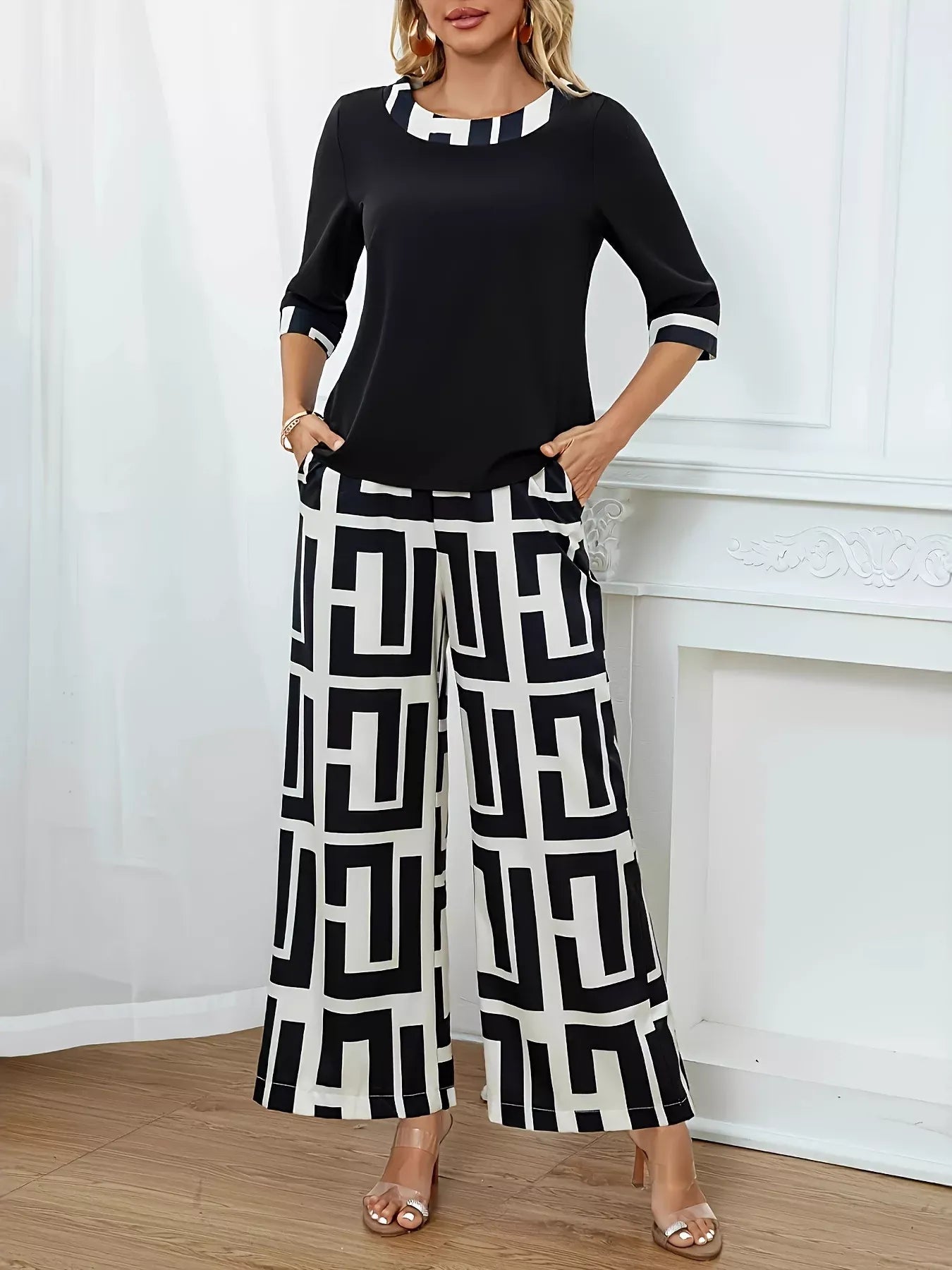 Geometric Print Round Neck Top and Pants Two-Piece Set Women's Sets The Nichole Collection