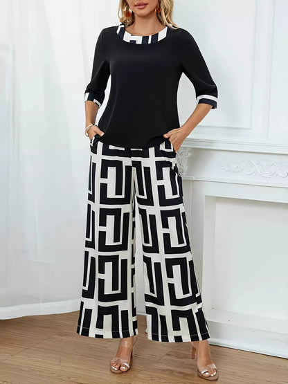 Geometric Print Round Neck Top and Pants Two-Piece Set Women's Sets The Nichole Collection