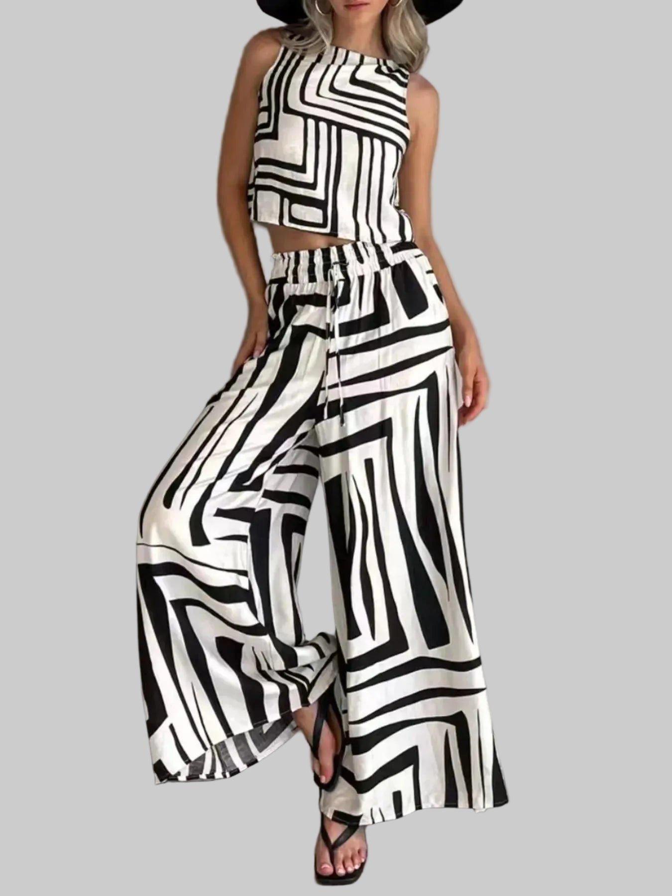 Geometric Print Sleeveless Top and Wide Leg Pants Set The Nichole Collection