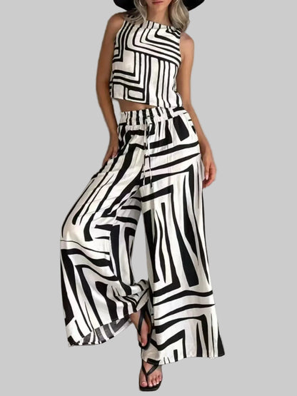 Geometric Print Sleeveless Top and Wide Leg Pants Set The Nichole Collection