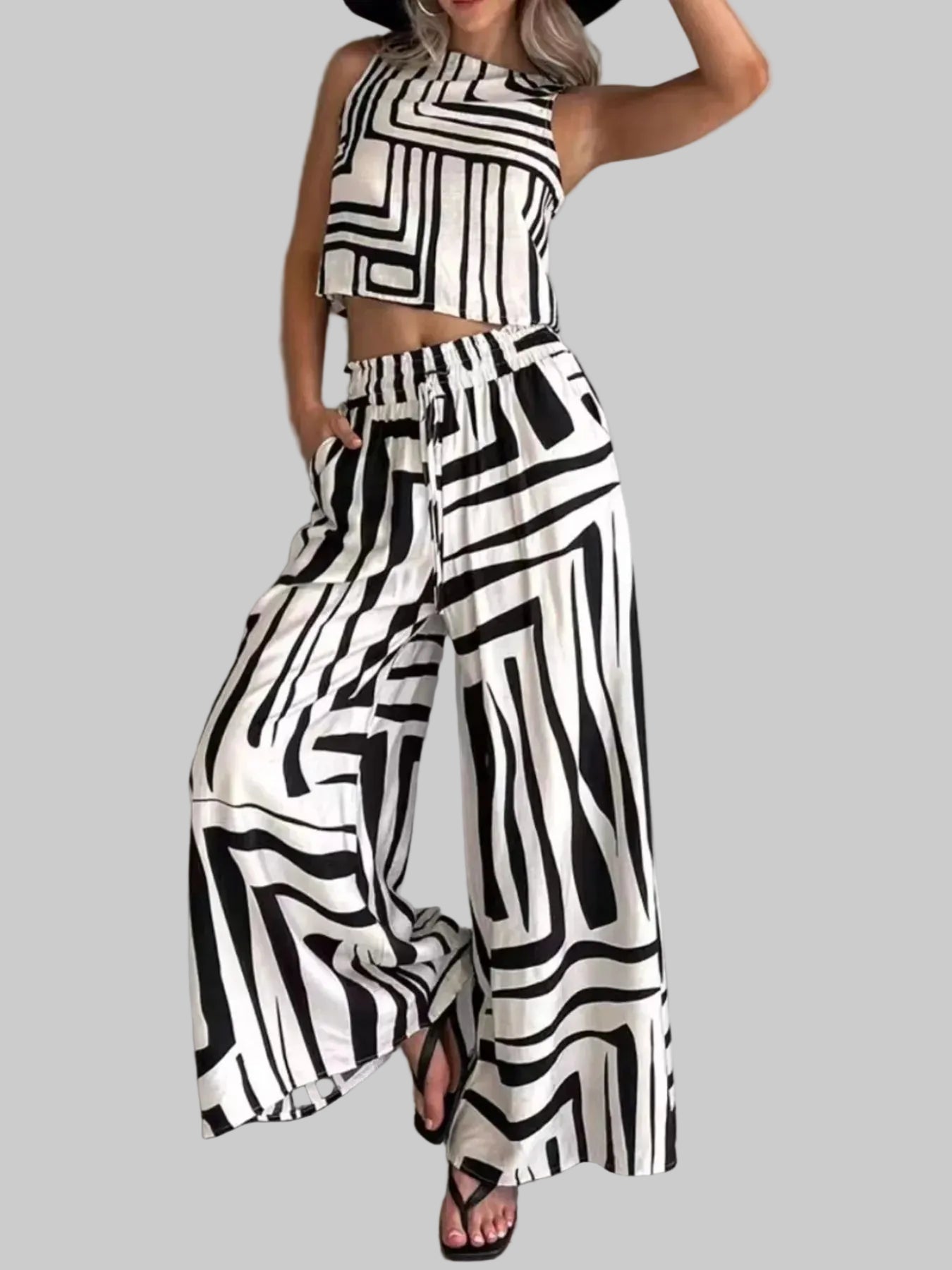 Geometric Print Sleeveless Top and Wide Leg Pants Set The Nichole Collection
