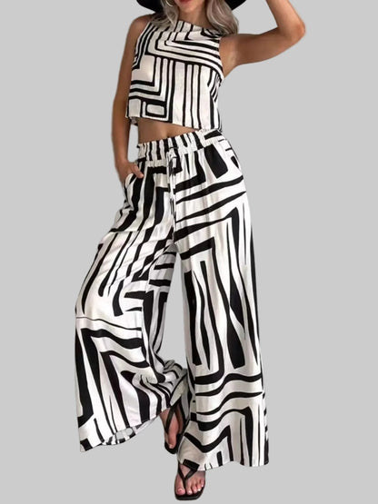 Geometric Print Sleeveless Top and Wide Leg Pants Set The Nichole Collection