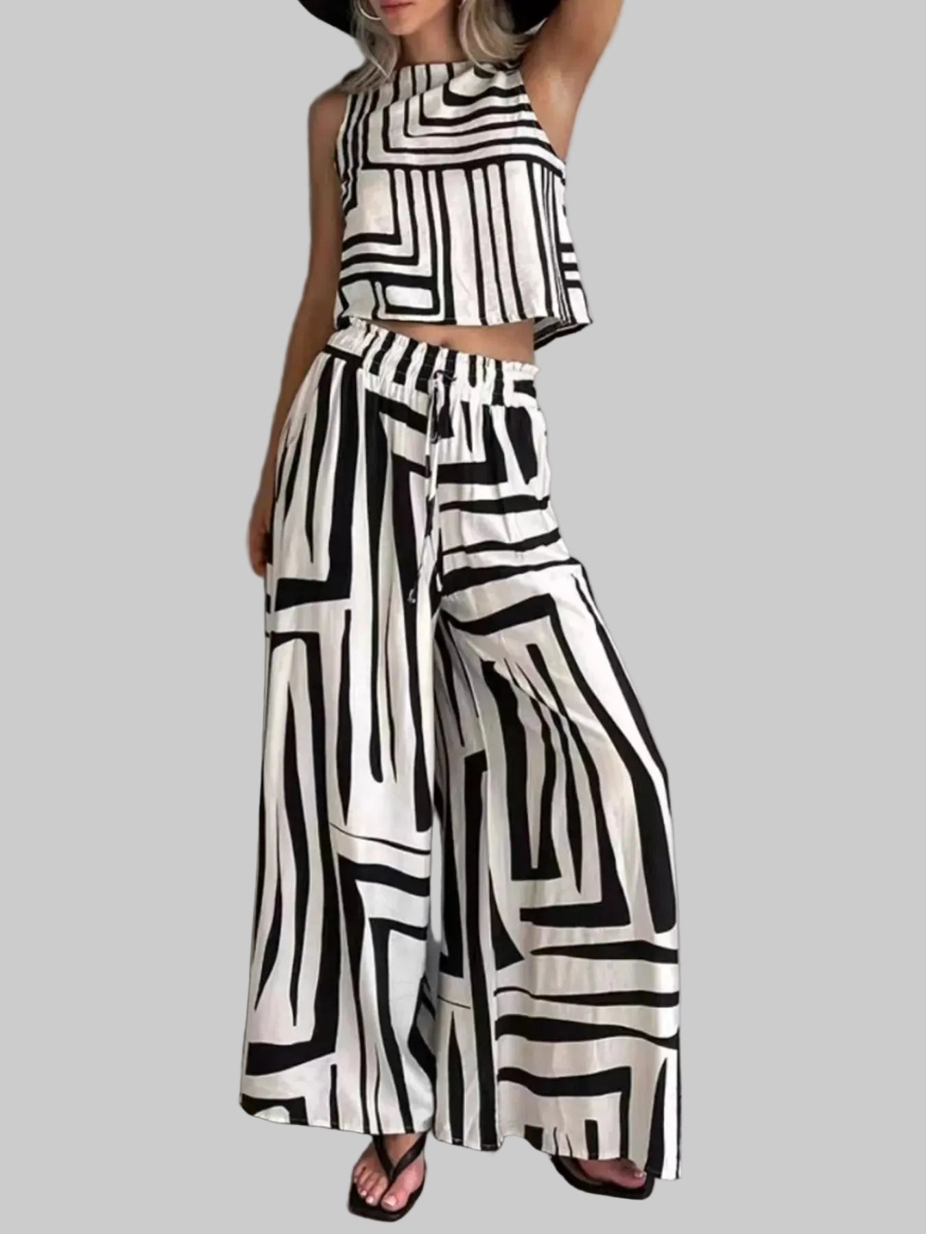 Geometric Print Sleeveless Top and Wide Leg Pants Set White / S The Nichole Collection