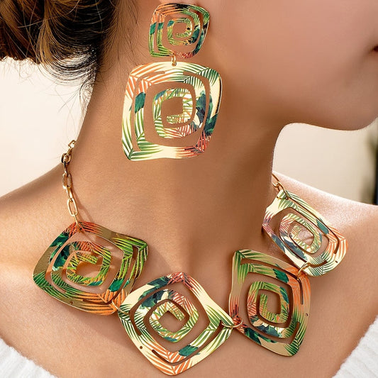 Geometric Spiral Hollow Necklace & Hanging Stud Earrings Set Green leopard print two piece suit The Nichole Collection
