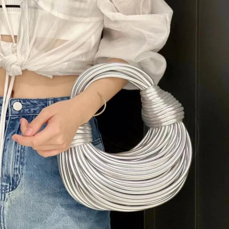 Gold Handwoven Noodle Bag - Stylish PU & Polyester Tote - Clearance Vegan Leather Silver Vegan Leather