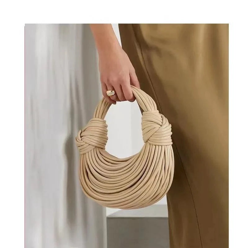 Gold Handwoven Noodle Bag - Stylish PU & Polyester Tote - Clearance Vegan Leather Khaki Vegan Leather