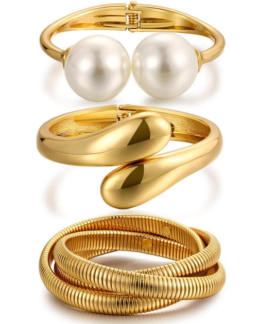 Gold Stackable Bangle Set Big pearl bangles The Nichole Collection