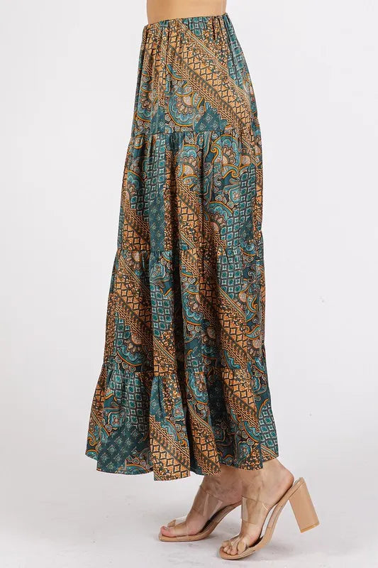Green Paisley Patchwork Print Satin Maxi Skirt Maxi Skirts The Nichole Collection - Official Site