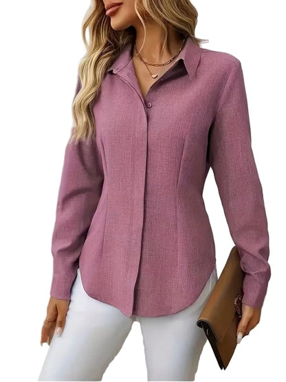 H-Fit Form Fitting Single-Breasted Long Sleeve Shirt Dusty Rose / S Shirts & Tops The Nichole Collection - Official Site