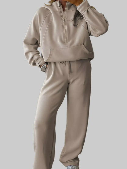 Half Zip Long Sleeve Hoodie and Pants 2pcs Outfit Women's Sets Beige / S The Nichole Collection