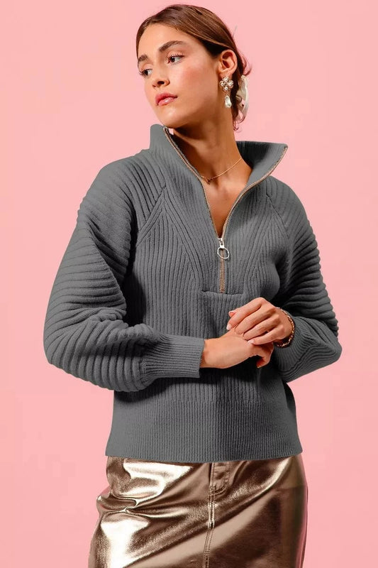 Half Zip Raglan Balloon Sleeves Ribbed Sweater CHARCOAL / S The Nichole Collection