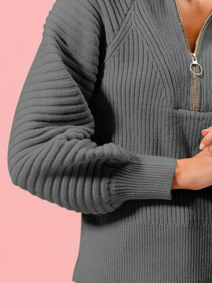 Half Zip Raglan Balloon Sleeves Ribbed Sweater The Nichole Collection
