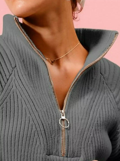 Half Zip Raglan Balloon Sleeves Ribbed Sweater The Nichole Collection