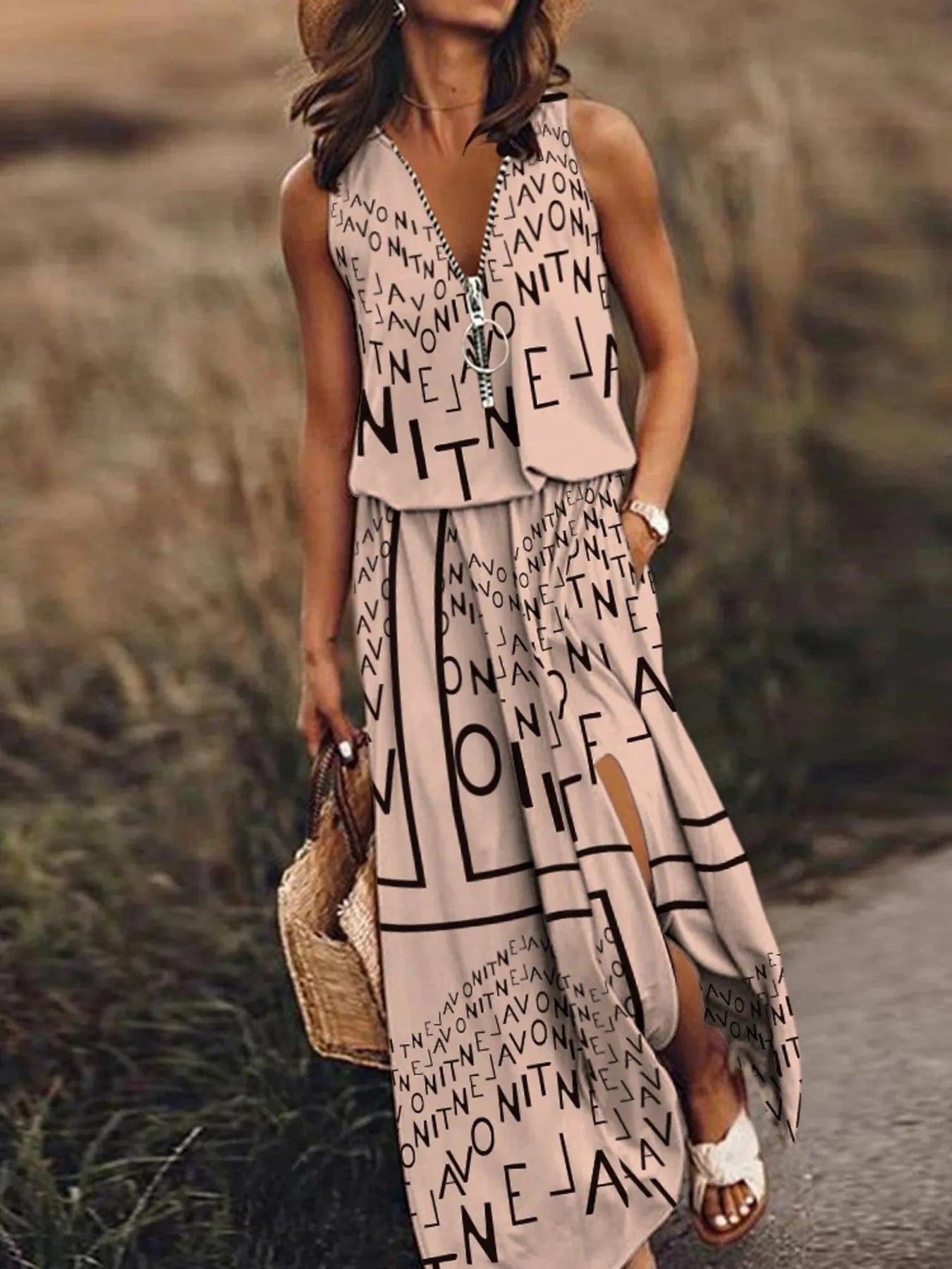 Half Zip Sleeveless Maxi Dress with Side Slit Dresses Print-khaki / S The Nichole Collection