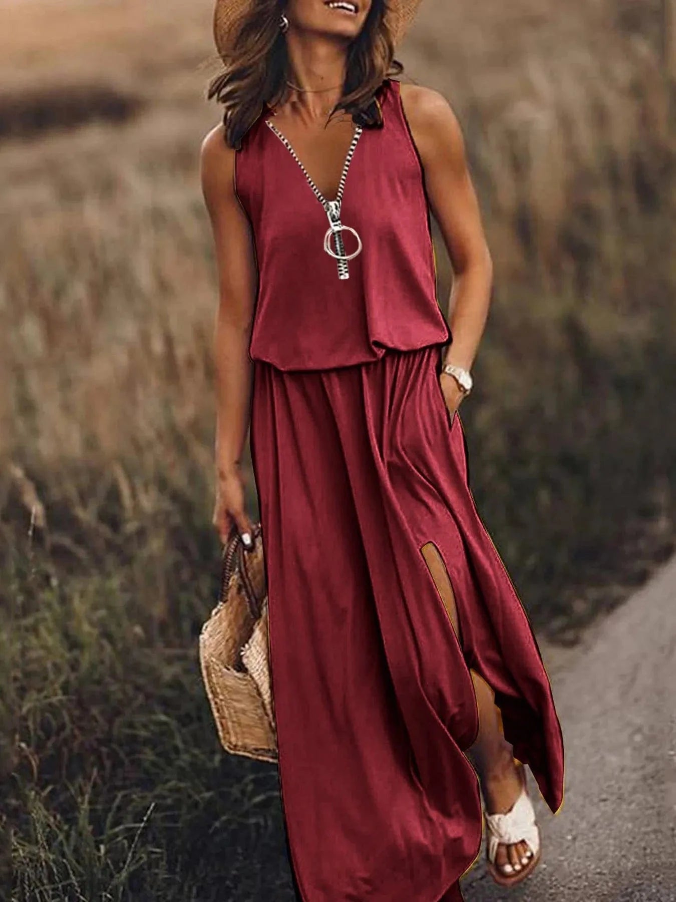 Half Zip Sleeveless Maxi Dress with Side Slit Dresses Red / S The Nichole Collection