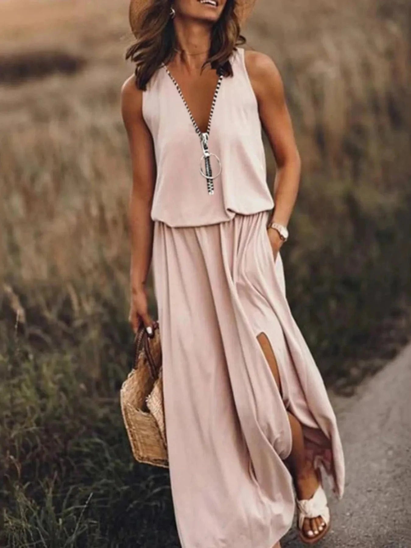 Half Zip Sleeveless Maxi Dress with Side Slit Dresses Khaki / S The Nichole Collection