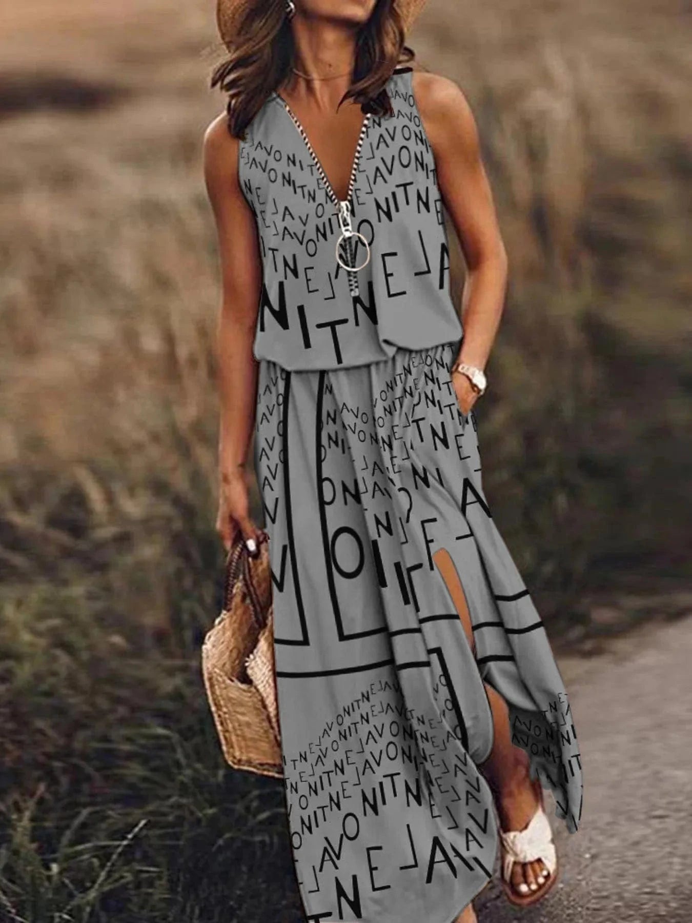 Half Zip Sleeveless Maxi Dress with Side Slit Dresses Print - Gray / S The Nichole Collection