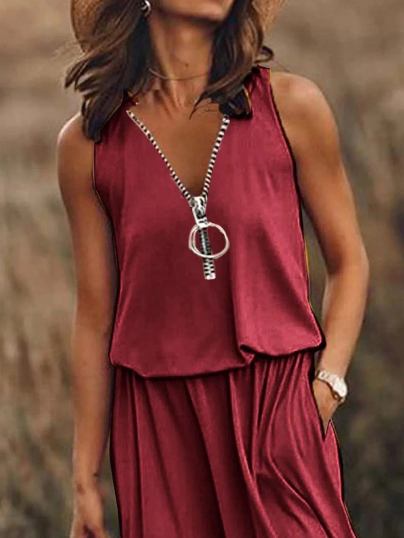 Half Zip Sleeveless Maxi Dress with Side Slit Dresses The Nichole Collection