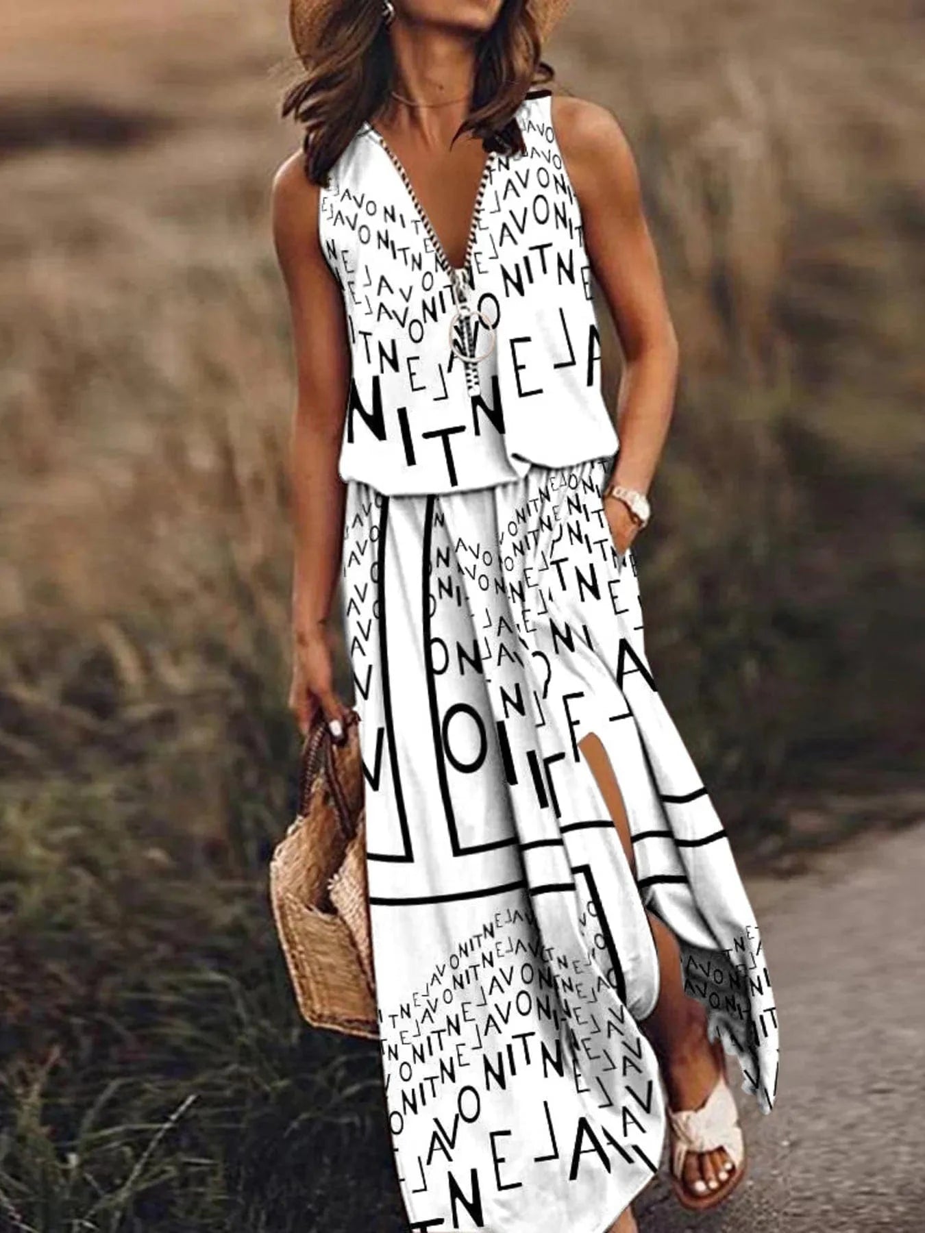 Half Zip Sleeveless Maxi Dress with Side Slit Dresses Print-white / S The Nichole Collection