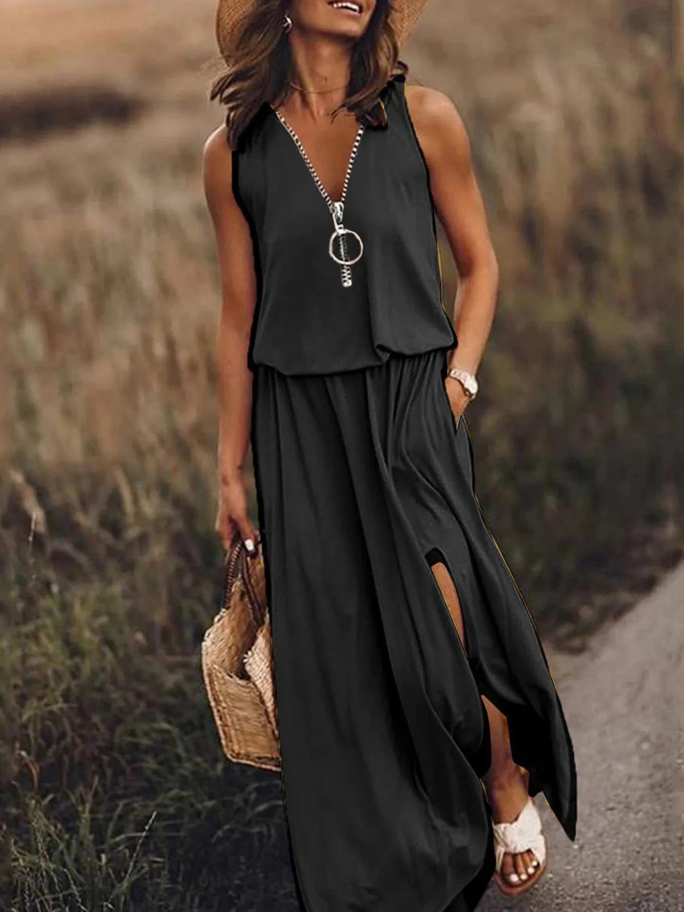 Half Zip Sleeveless Maxi Dress with Side Slit Dresses Black / S The Nichole Collection