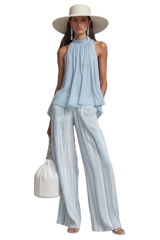 Halter Neck Flowy Top & Color Block Wide Leg Pants Set The Nichole Collection - Official Site