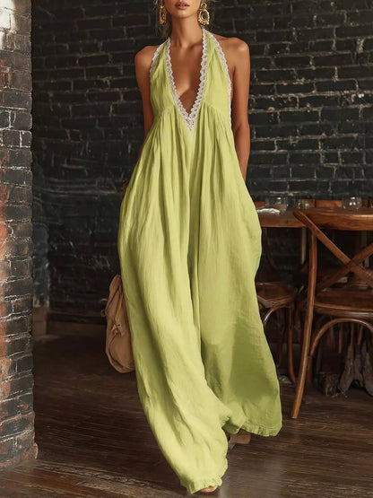 Halter Neck Lace Trim Wide Leg Jumpsuit Yellow Green / S The Nichole Collection