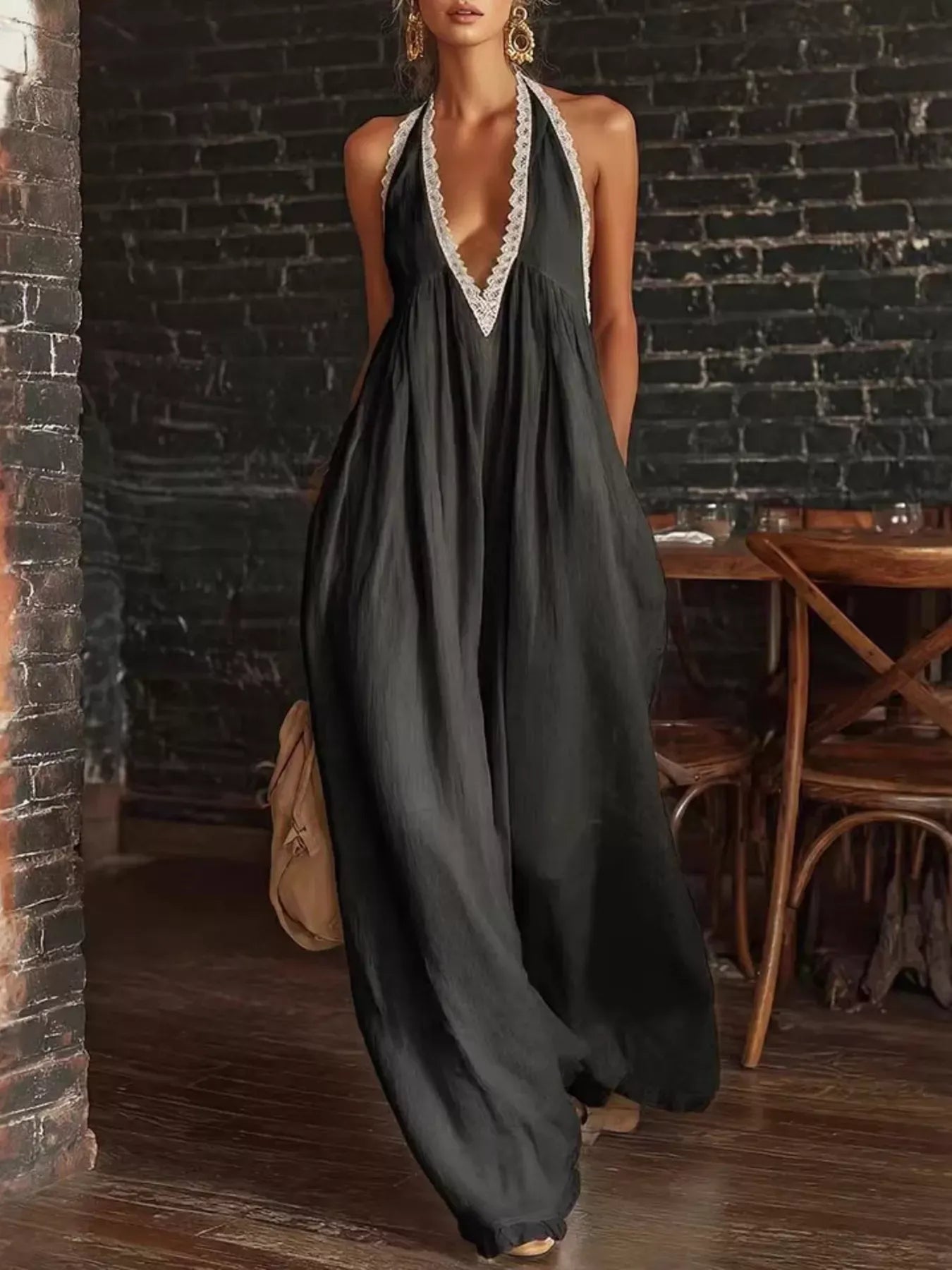 Halter Neck Lace Trim Wide Leg Jumpsuit The Nichole Collection