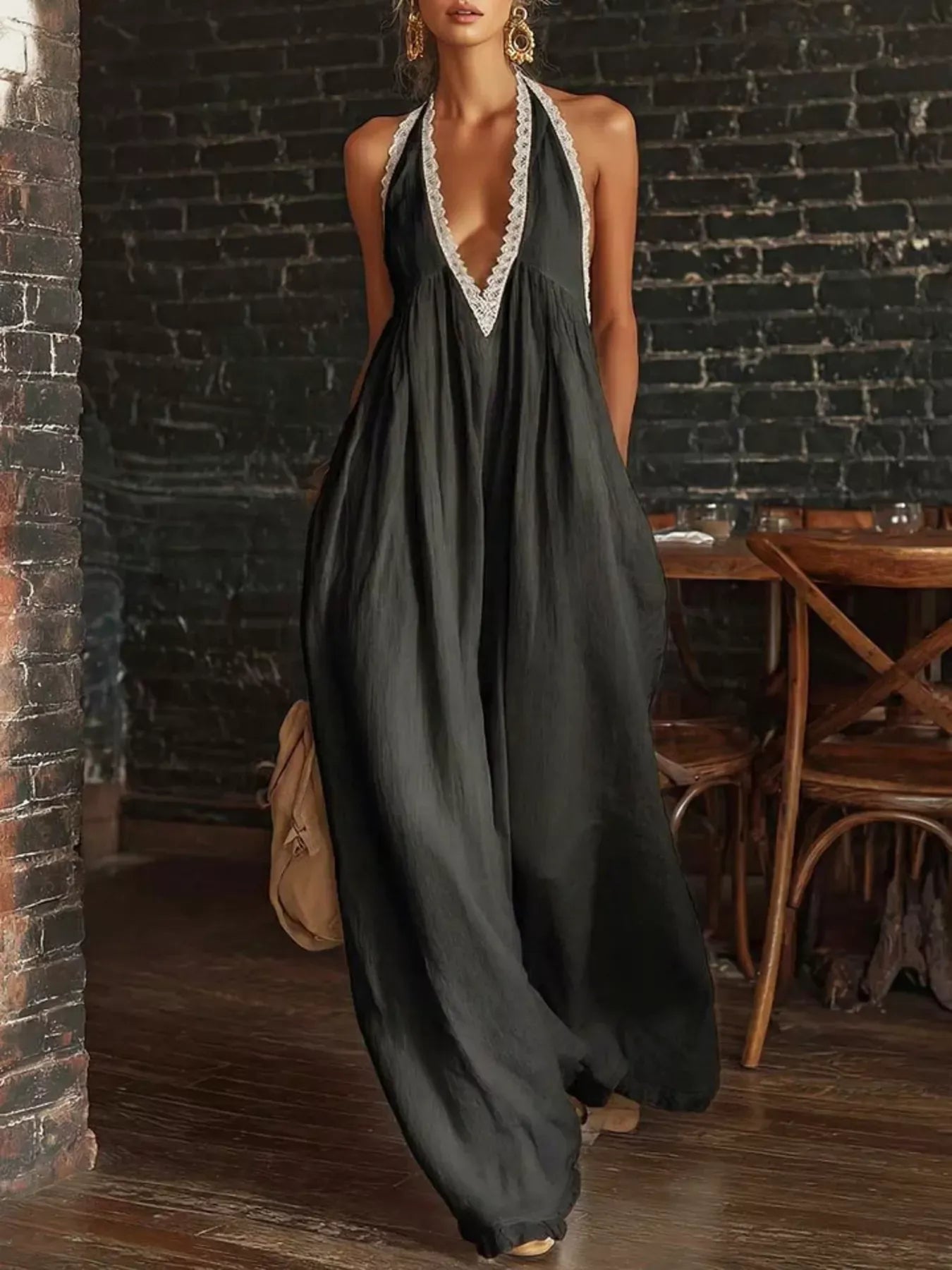 Halter Neck Lace Trim Wide Leg Jumpsuit Black / S The Nichole Collection