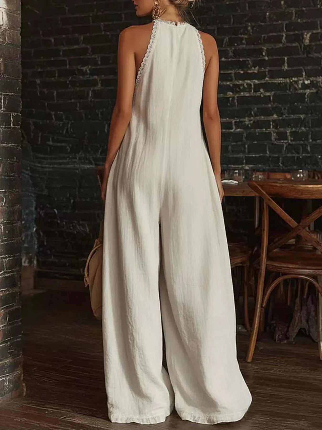 Halter Neck Lace Trim Wide Leg Jumpsuit The Nichole Collection