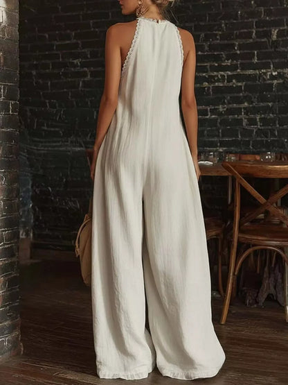 Halter Neck Lace Trim Wide Leg Jumpsuit The Nichole Collection