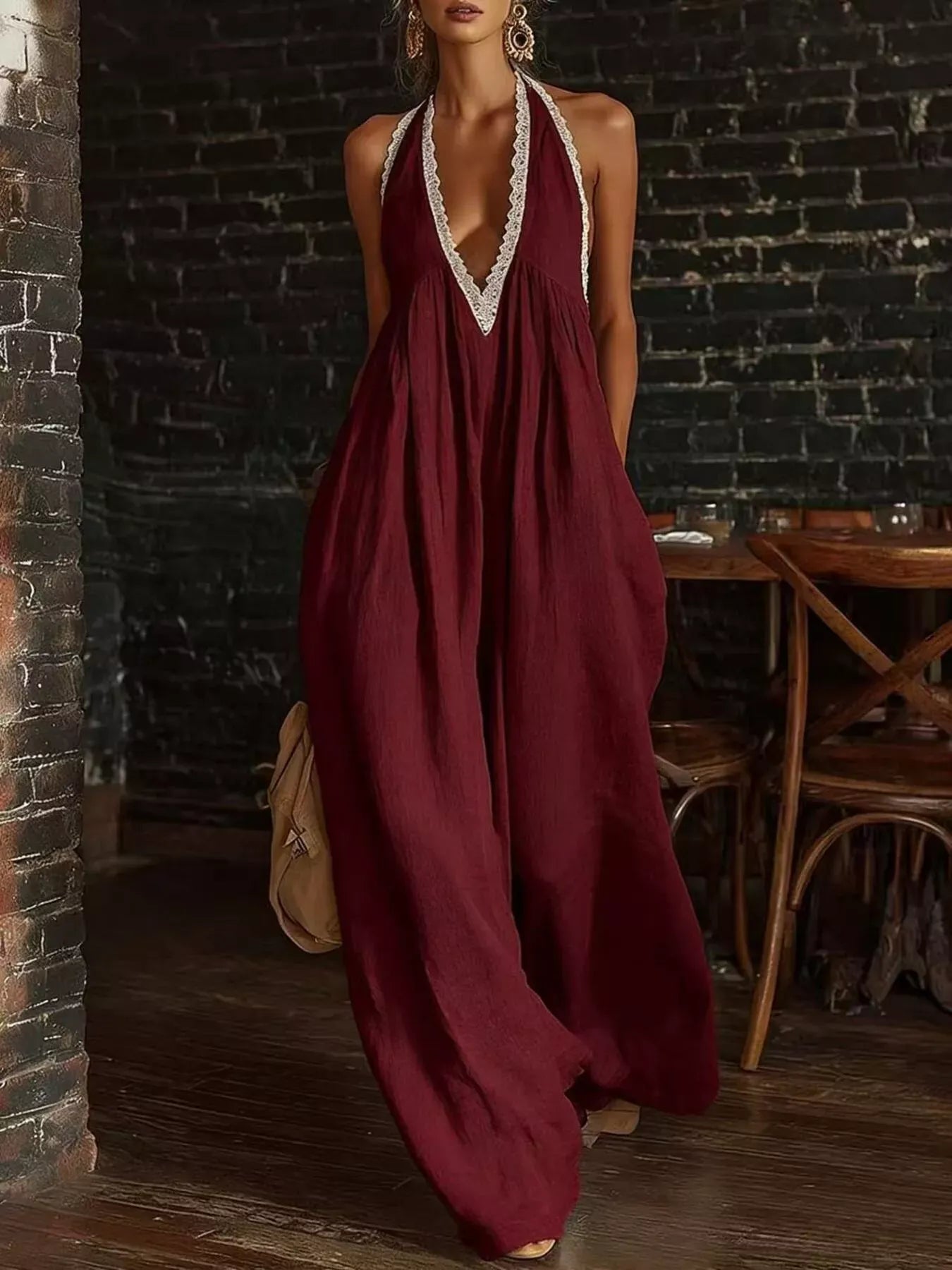 Halter Neck Lace Trim Wide Leg Jumpsuit The Nichole Collection