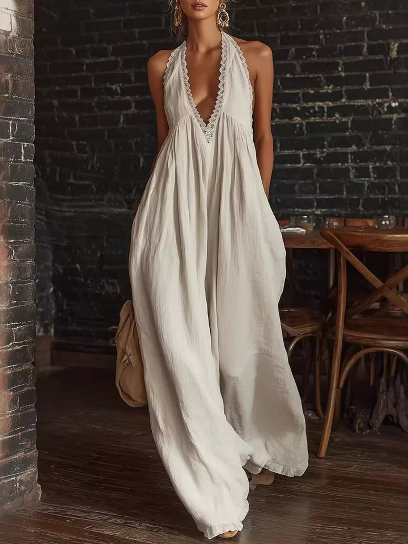 Halter Neck Lace Trim Wide Leg Jumpsuit White / S The Nichole Collection