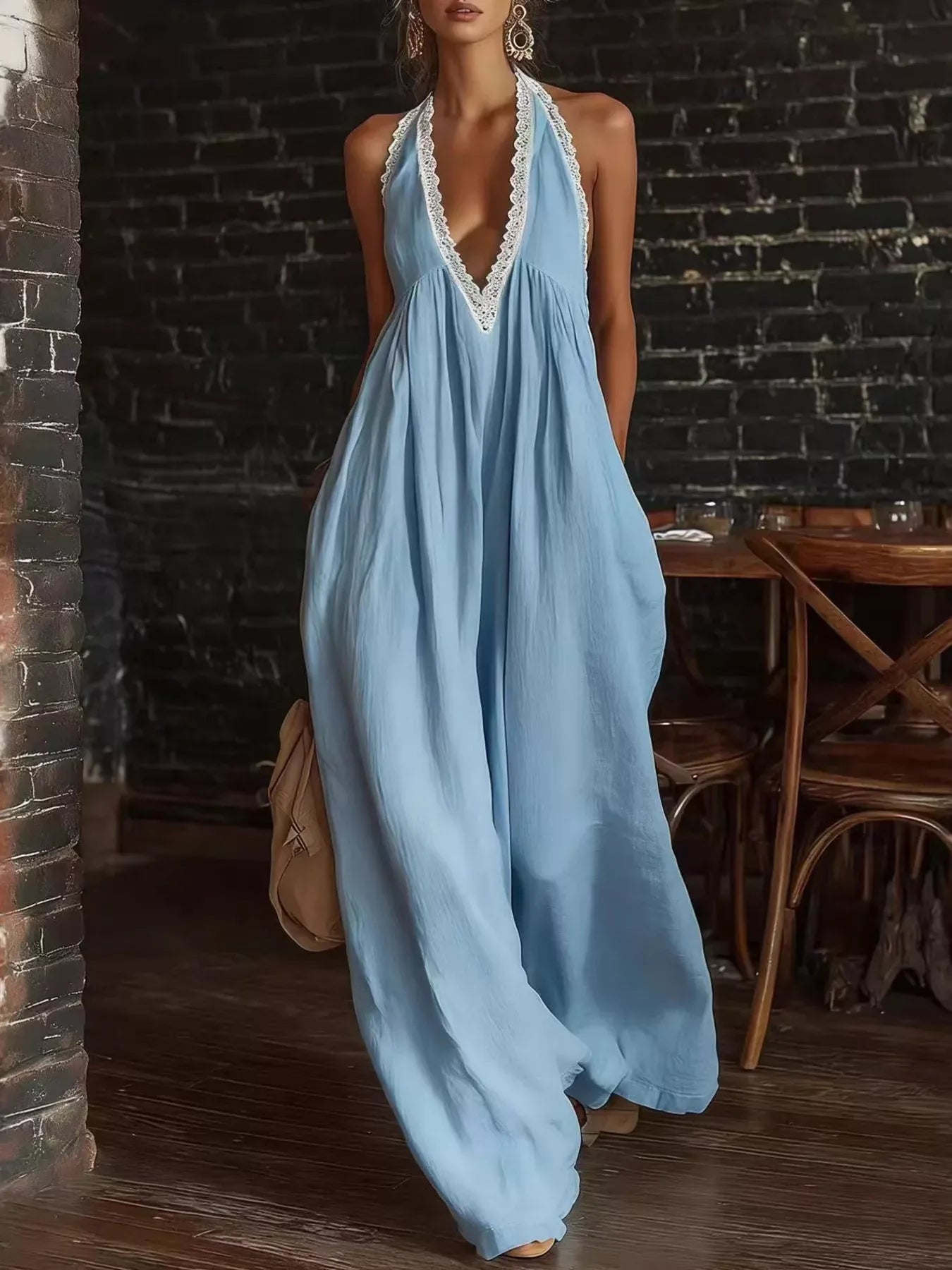 Halter Neck Lace Trim Wide Leg Jumpsuit The Nichole Collection