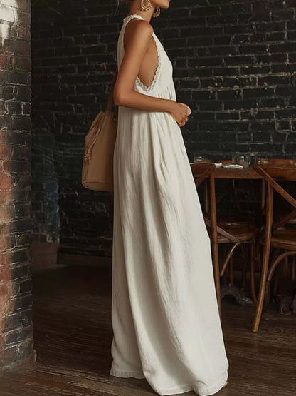 Halter Neck Lace Trim Wide Leg Jumpsuit The Nichole Collection