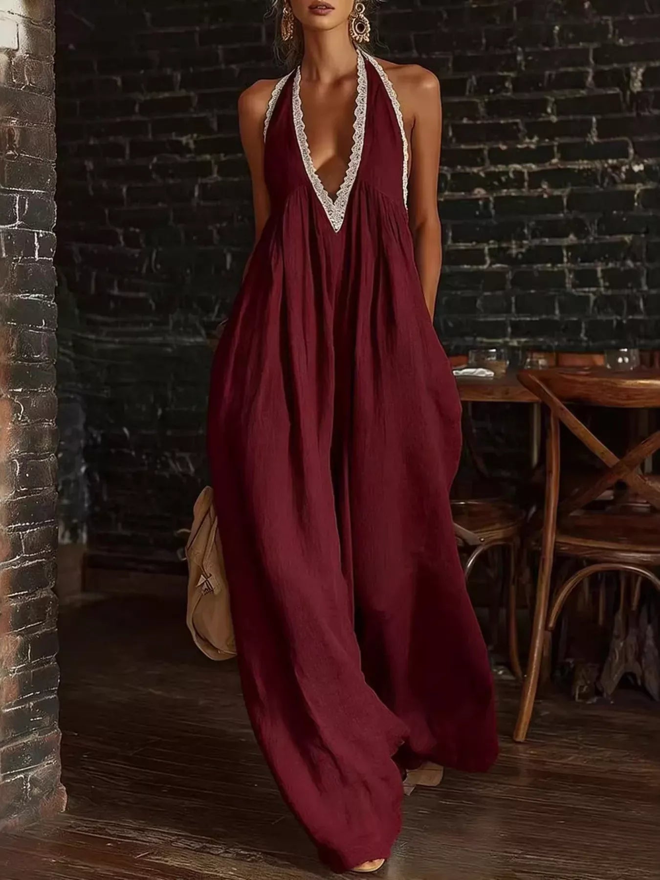 Halter Neck Lace Trim Wide Leg Jumpsuit Wine Red / S The Nichole Collection