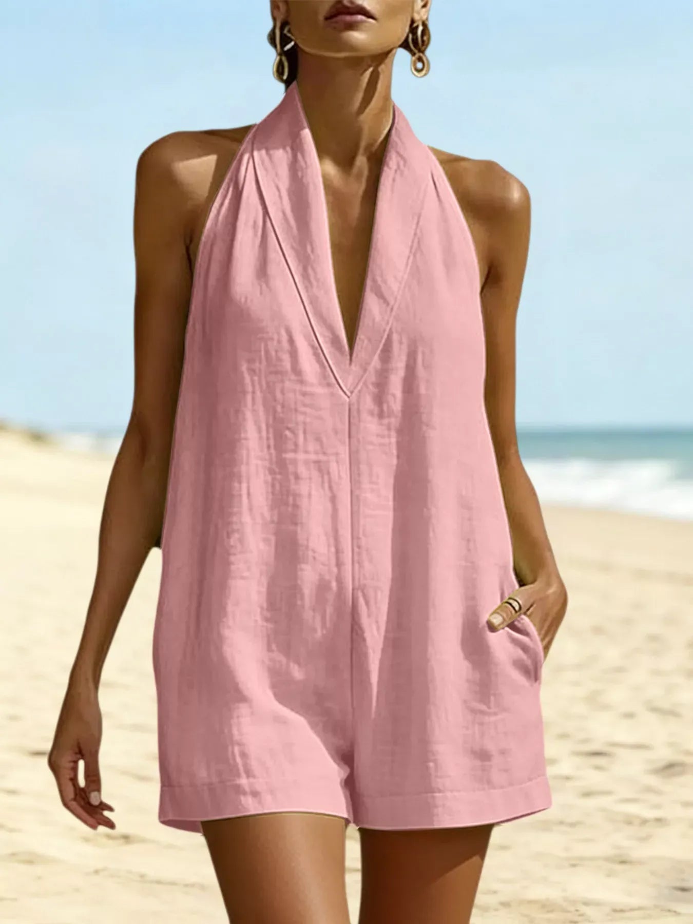 Halter Neck Romper with Pockets Pink / S The Nichole Collection - Official Site