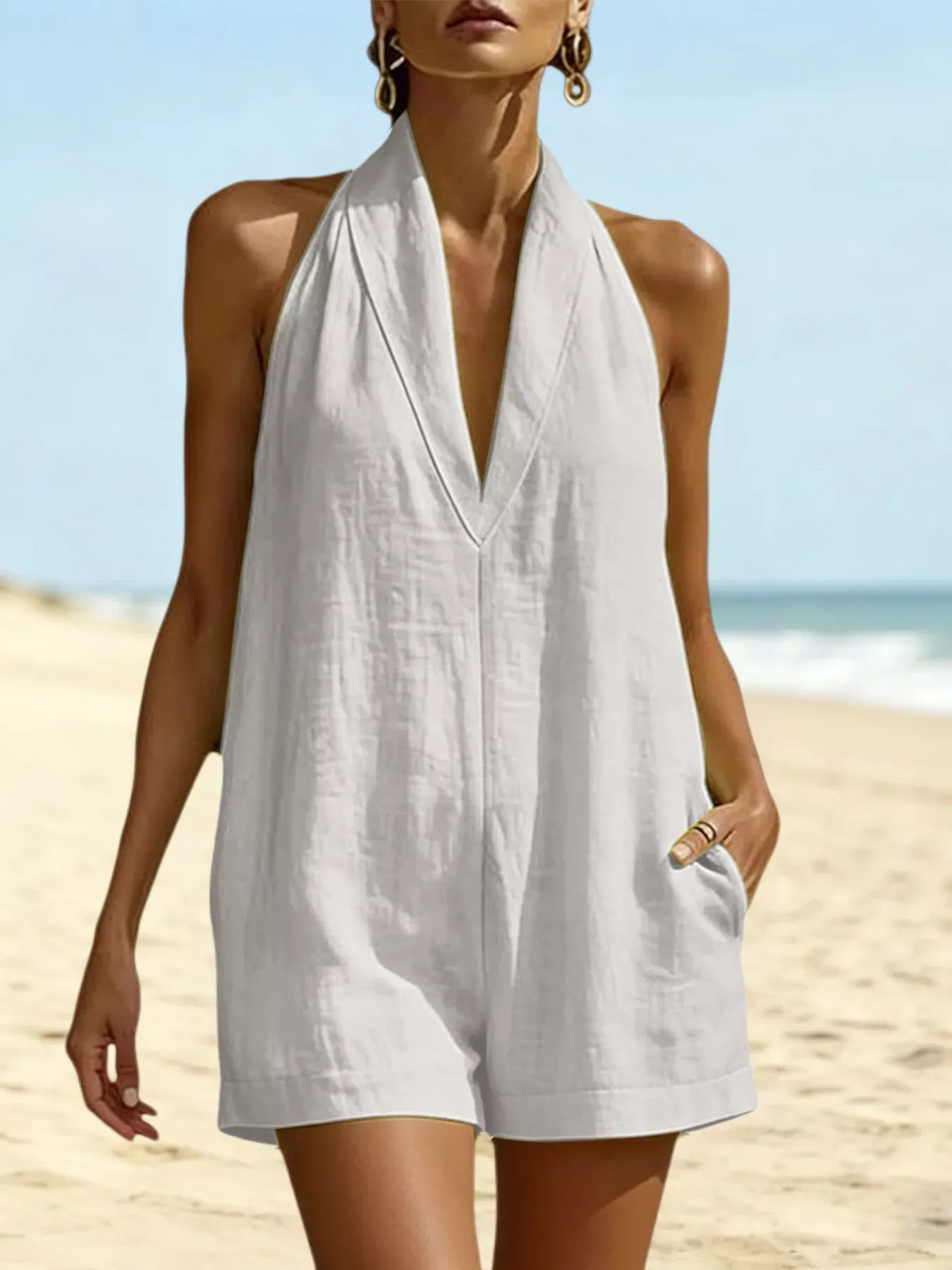 Halter Neck Romper with Pockets White / S The Nichole Collection - Official Site
