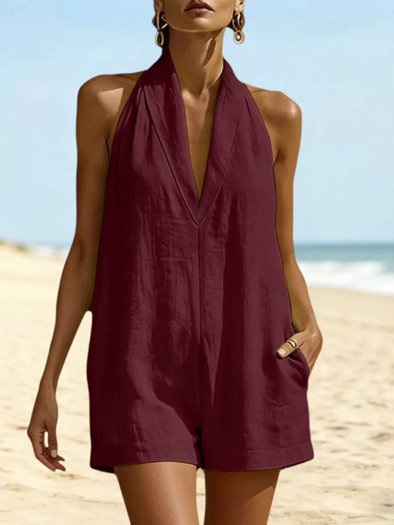 Halter Neck Romper with Pockets Burgundy / S The Nichole Collection - Official Site