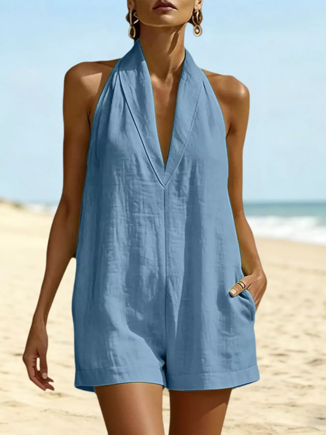 Halter Neck Romper with Pockets Sky Blue / S The Nichole Collection - Official Site