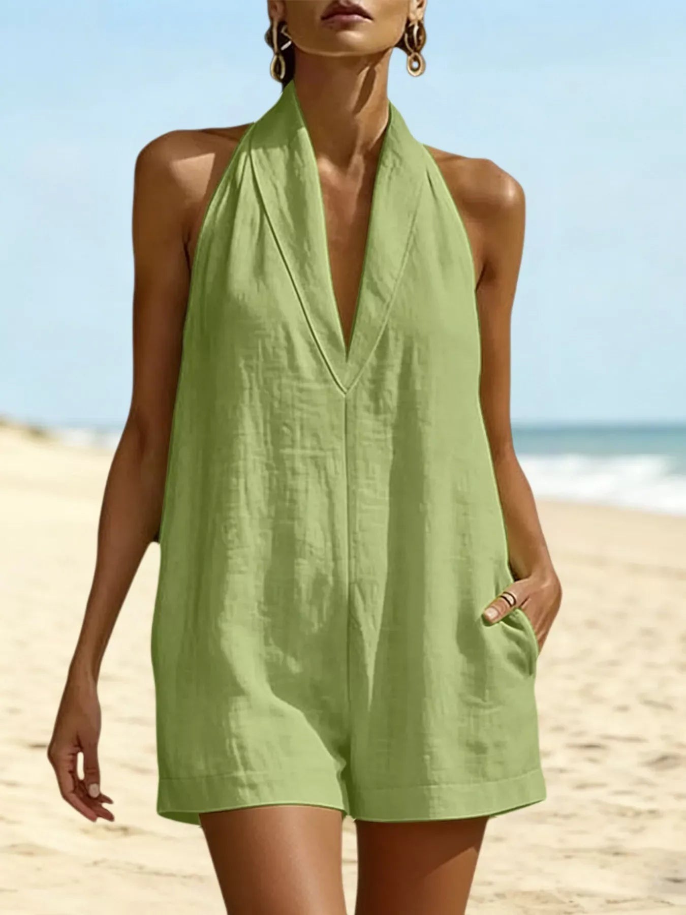 Halter Neck Romper with Pockets Light Green / S The Nichole Collection - Official Site