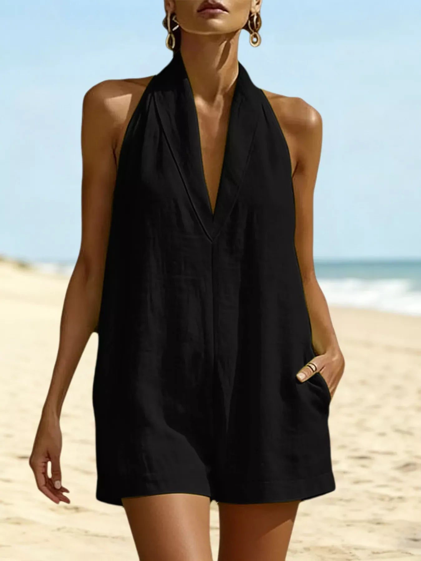 Halter Neck Romper with Pockets Black / S The Nichole Collection - Official Site