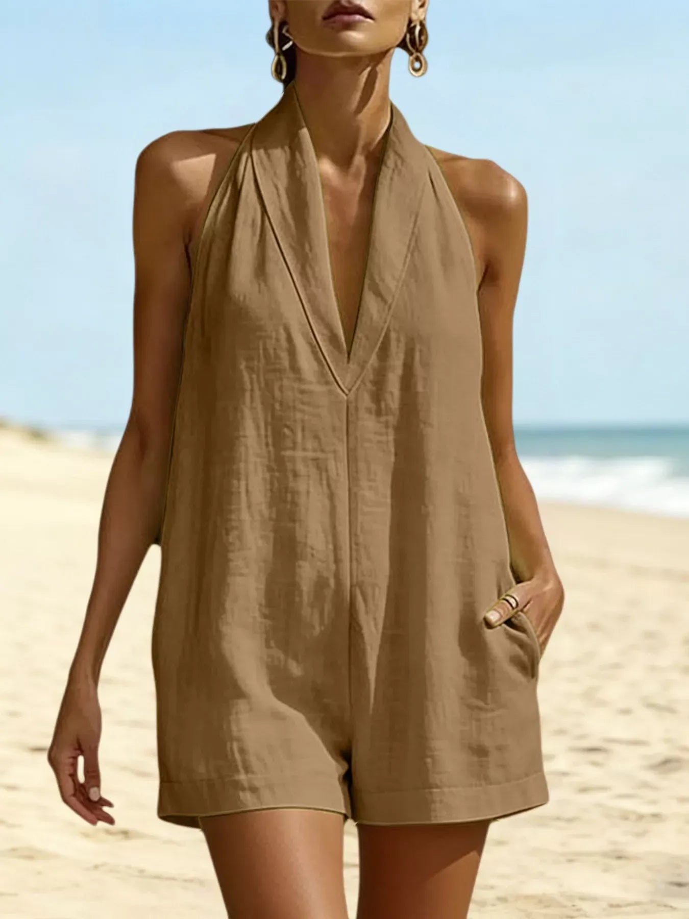 Halter Neck Romper with Pockets Khaki / S The Nichole Collection - Official Site