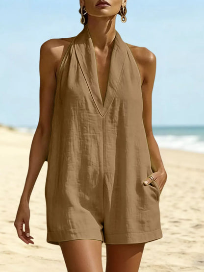 Halter Neck Romper with Pockets Khaki / S The Nichole Collection - Official Site