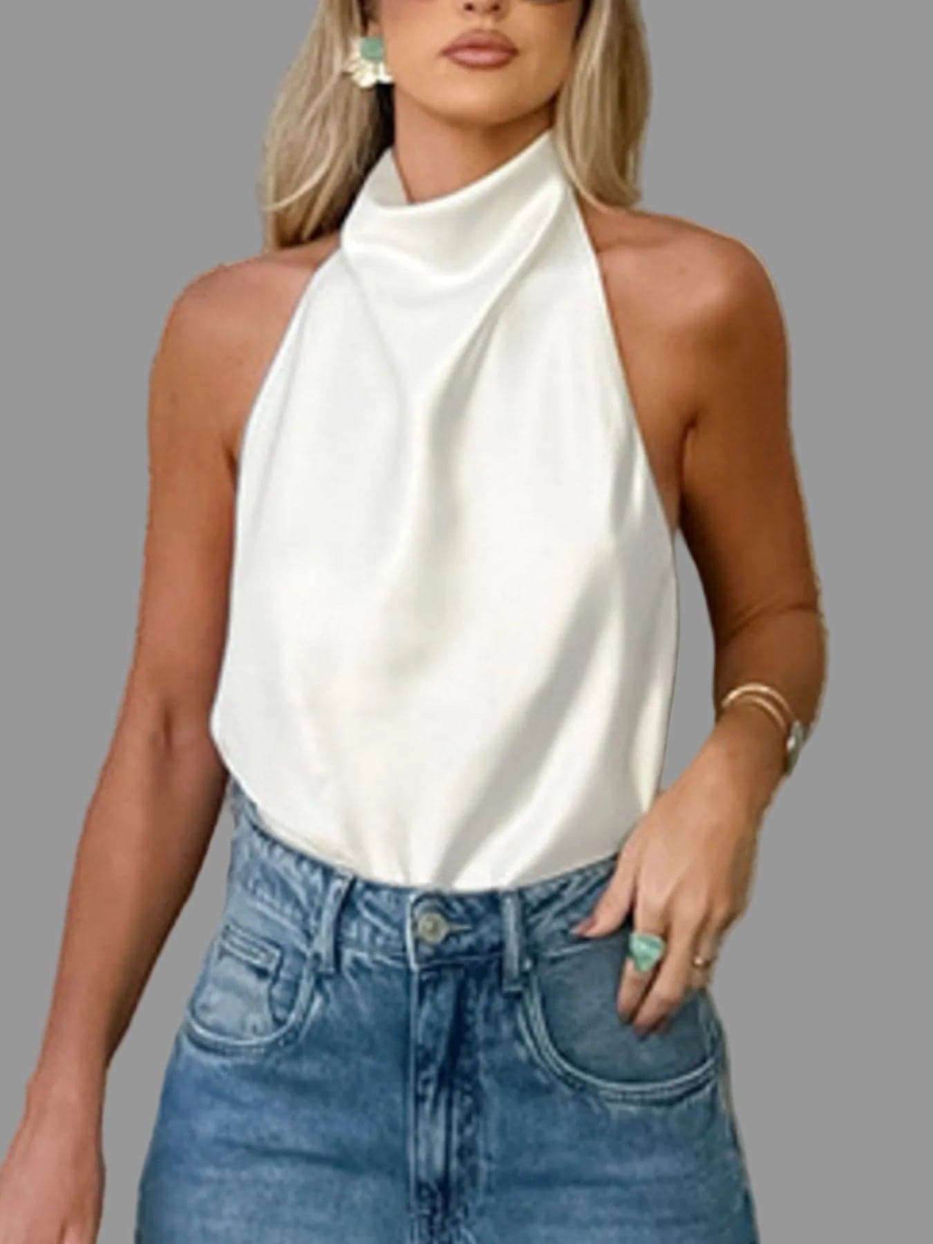 Halter Neck Satin Cami White / S The Nichole Collection