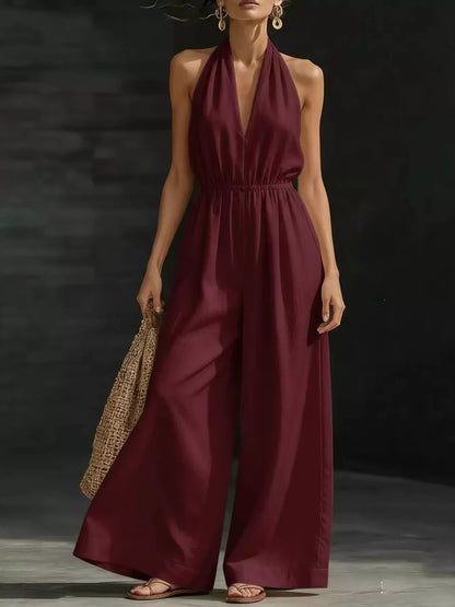 Halter Neck Wide-Leg Jumpsuit Burgundy / S The Nichole Collection