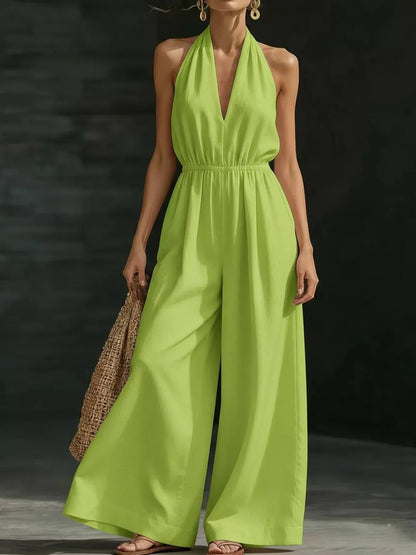 Halter Neck Wide-Leg Jumpsuit Fluorescent Green / S The Nichole Collection