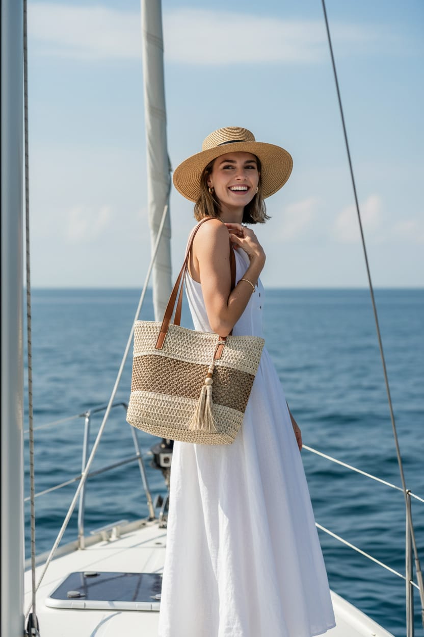 Handmade Woven Straw Tote Bag with Tassels The Nichole Collection