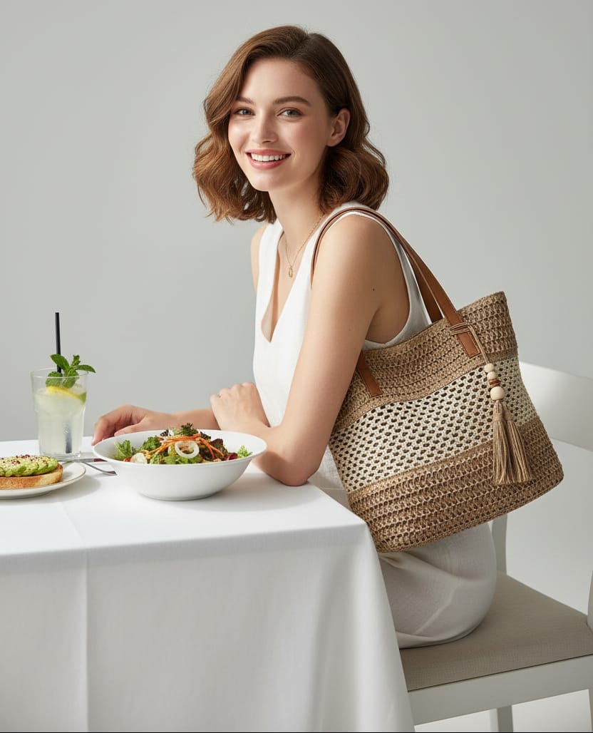 Handmade Woven Straw Tote Bag with Tassels The Nichole Collection