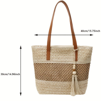 Handmade Woven Straw Tote Bag with Tassels The Nichole Collection